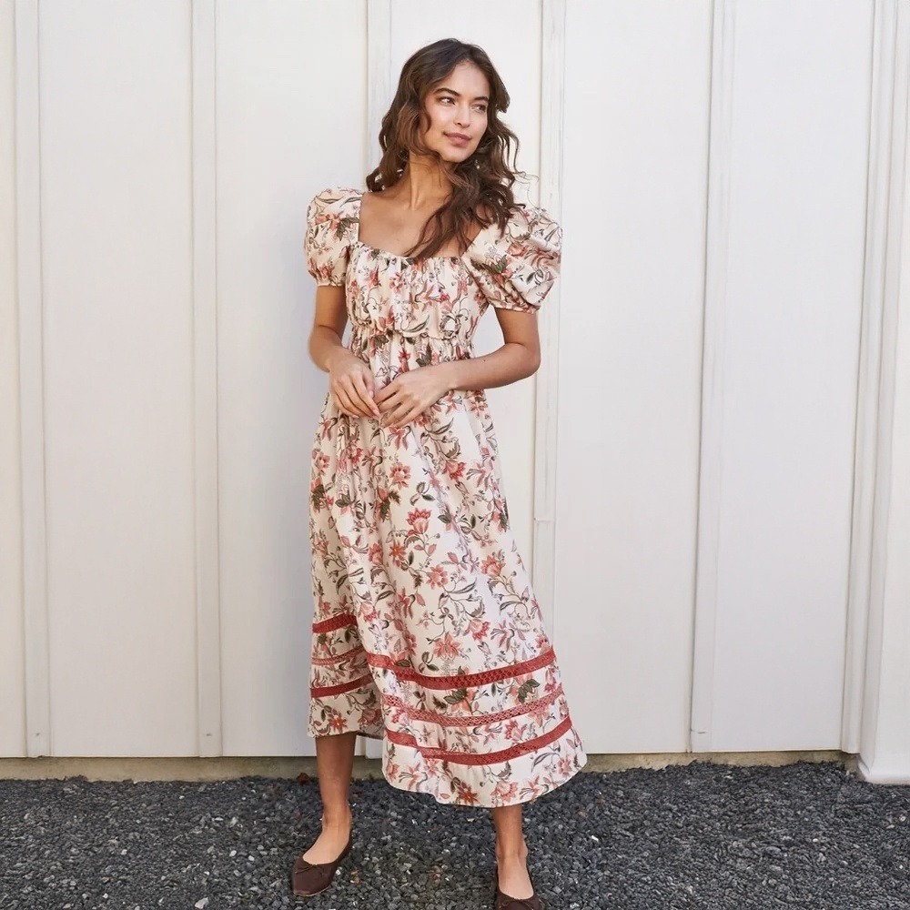 Mi Golondrina Womens Floral Puff Sleeve Midi Dress Square Neck Smocked Back Boho
